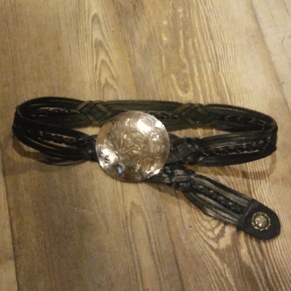 Black braided leather belt w/ decorative buckle